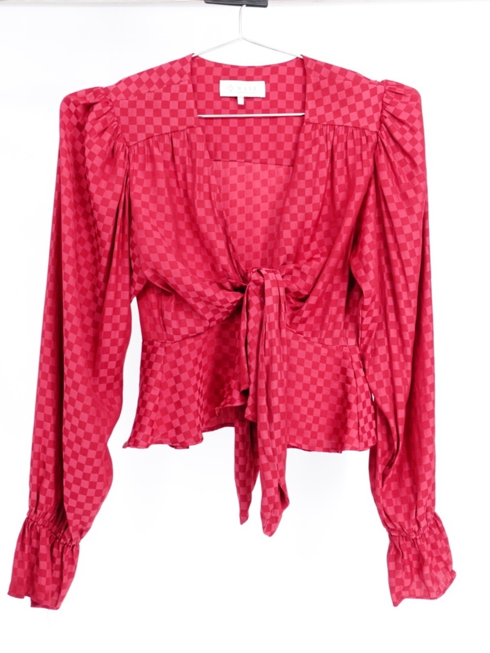 WAYF Pink Red Checkered Tie Front Blouse Size XS